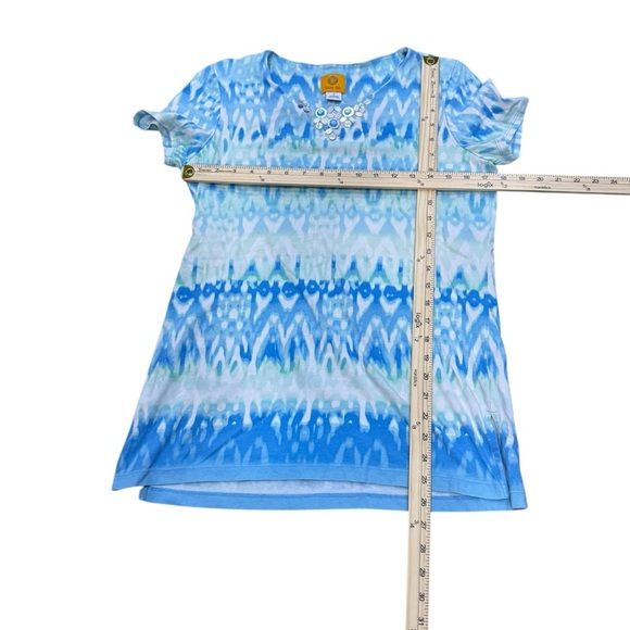 EUC Blue & White tie dye Ruby Rd Embellished neckline tee tropical resort boho S - Picture 4 of 5